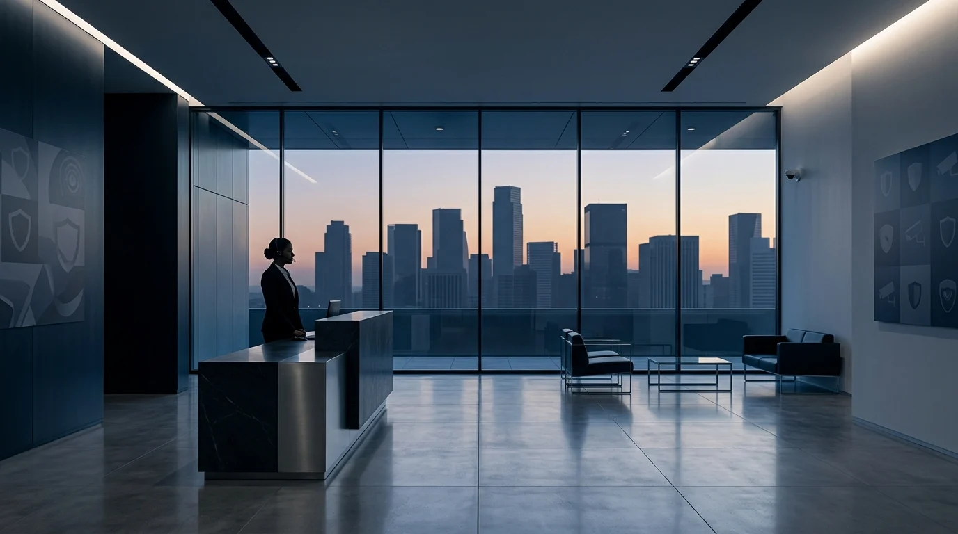 A modern security firm satellite office lobby.