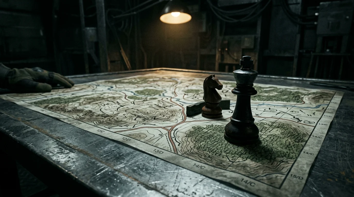 A tactical map with strategic markers under a spotlight.