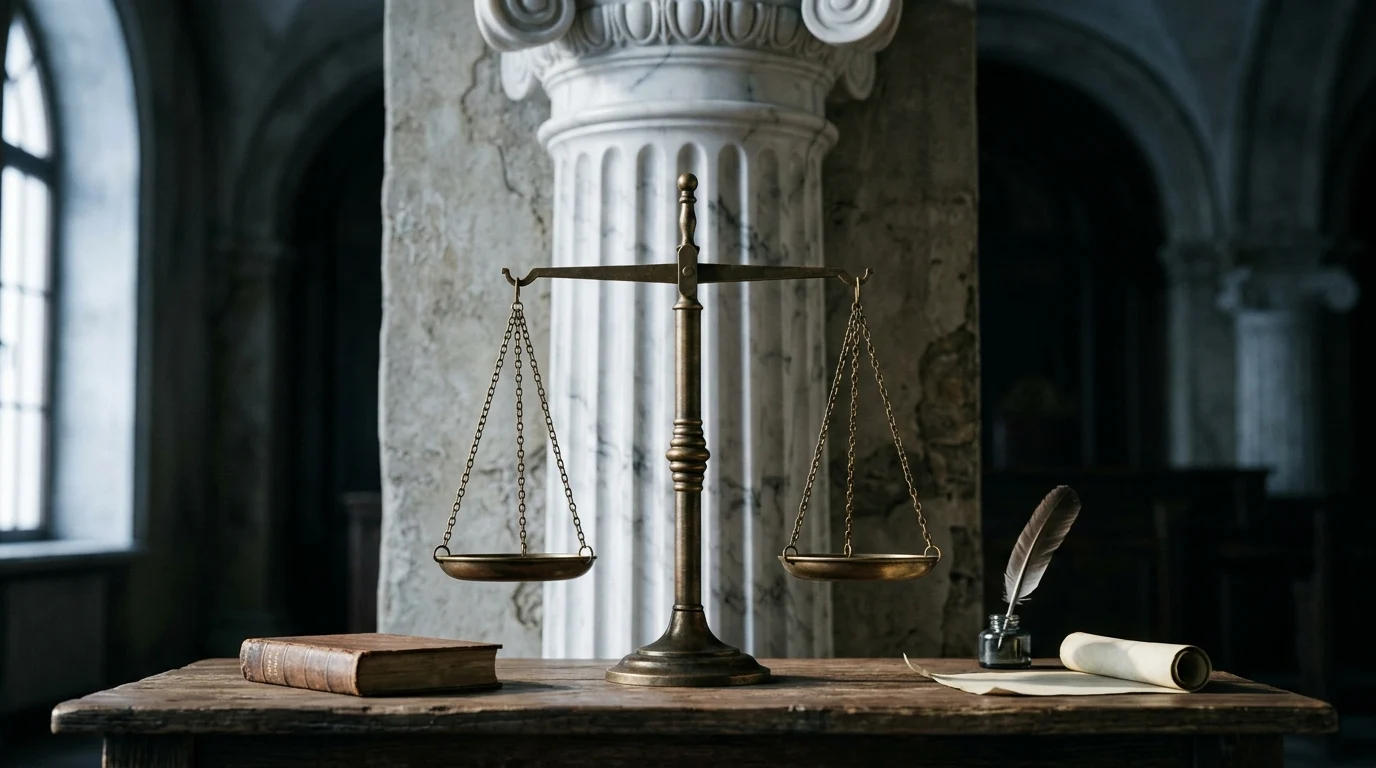 Scales of justice in front of a classical column.