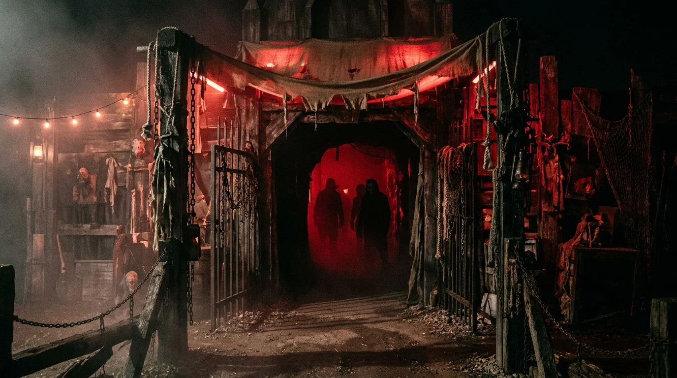 Coronation Street Stars Join 2026 Journey to Hell Launch at Blackpool Pleasure Beach 1 An eerie entrance to a horror-themed attraction with red lighting and fog.