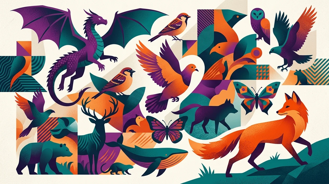 Silhouettes of different animal characters against a colorful backdrop.