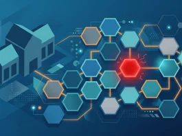 Conceptual illustration of a school building connected to a vulnerable digital supply chain network.