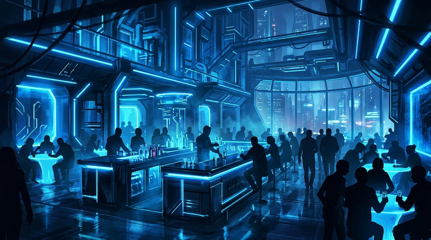 A conceptual sci-fi bar interior with neon lighting