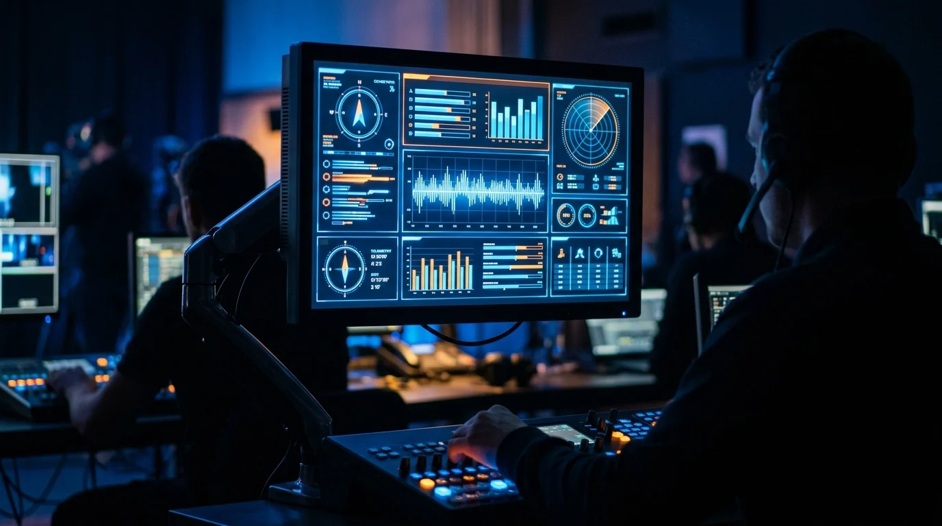 A digital screen showing futuristic anonymous silhouettes charts on a production set.