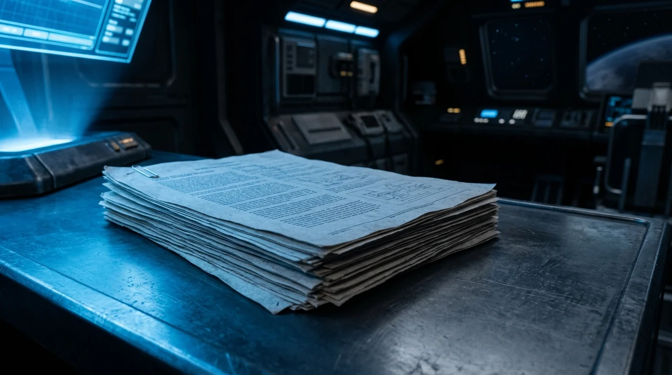 A stack of scripts and memos on a futuristic metallic desk.