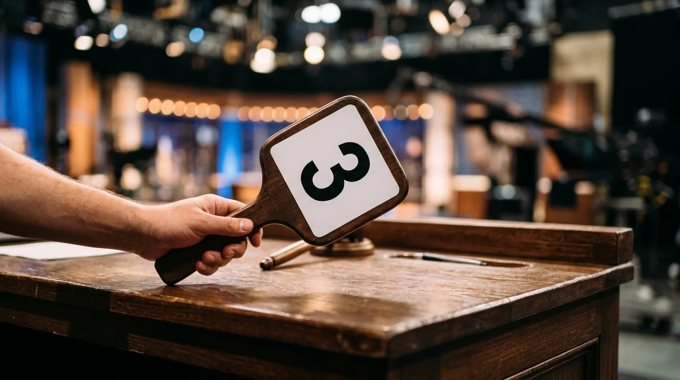 A judge's scoring paddle held up in a dimly lit studio.