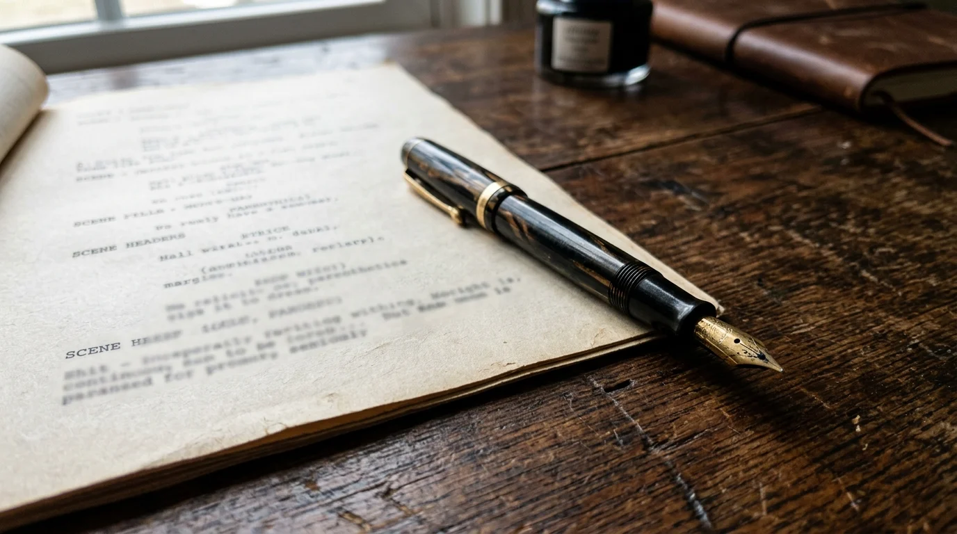 A close-up of a movie script and a pen on a desk.
