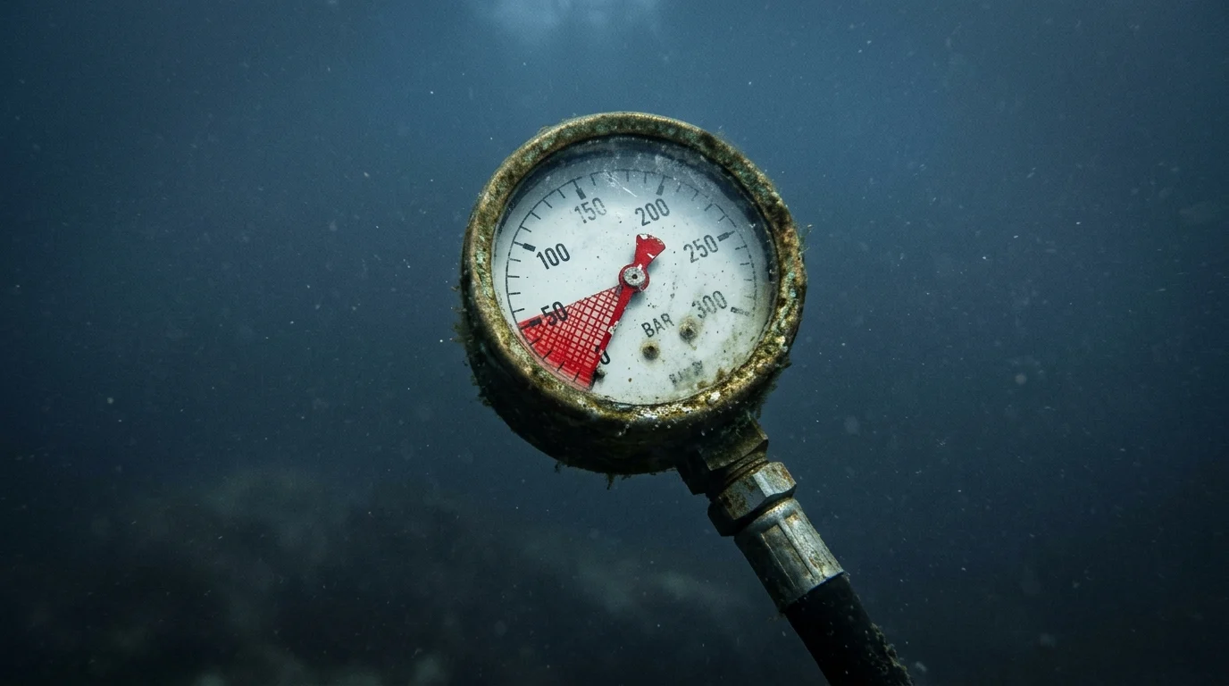 Josh Brolin’s Whalefall Debuts With 82% Rotten Tomatoes Score Following The Dog Stars 1 A close-up of a scuba diving oxygen gauge in dark water.