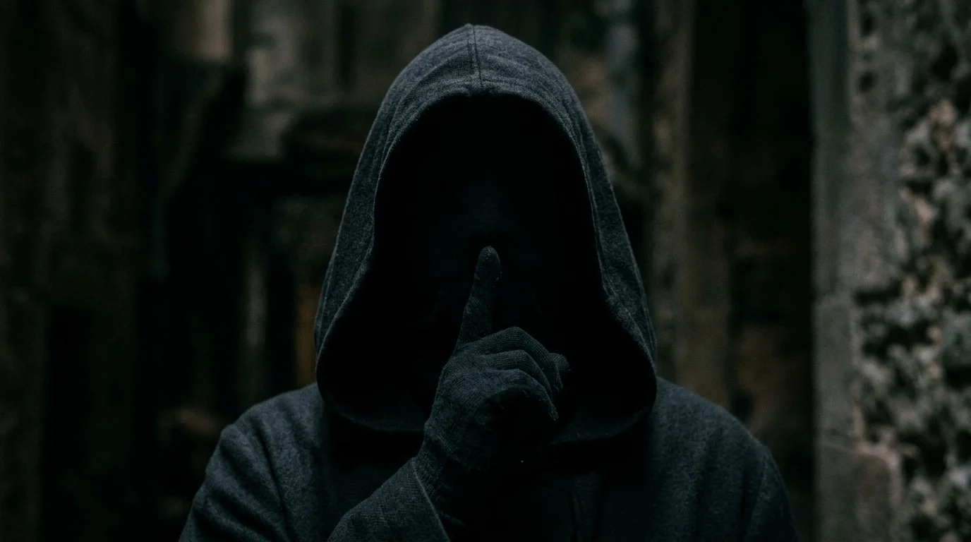 A conceptual image of a person making a hushing gesture in low light.