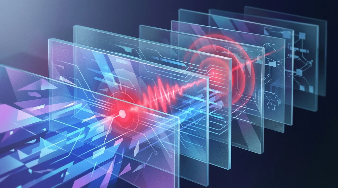 Abstract layers of security being bypassed by a red digital pulse.