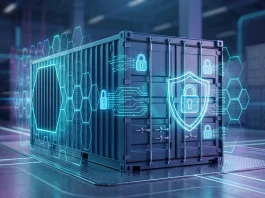 Conceptual image of secure shipping logistics with digital security symbols.