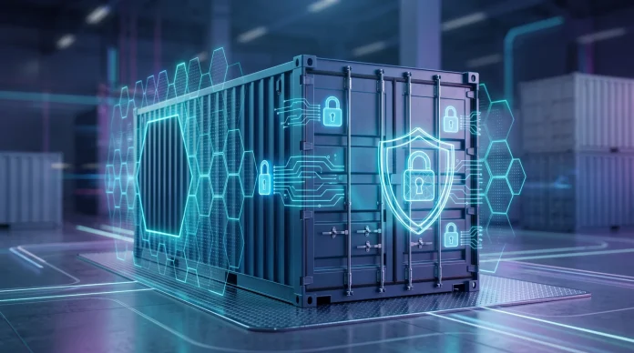 Conceptual image of secure shipping logistics with digital security symbols.