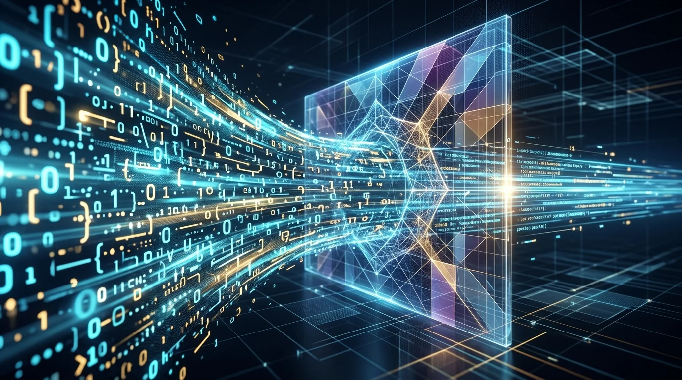 Abstract digital visualization of data streams meeting a security barrier.