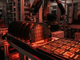 A conceptual image of glowing semiconductor wafers and memory chips.