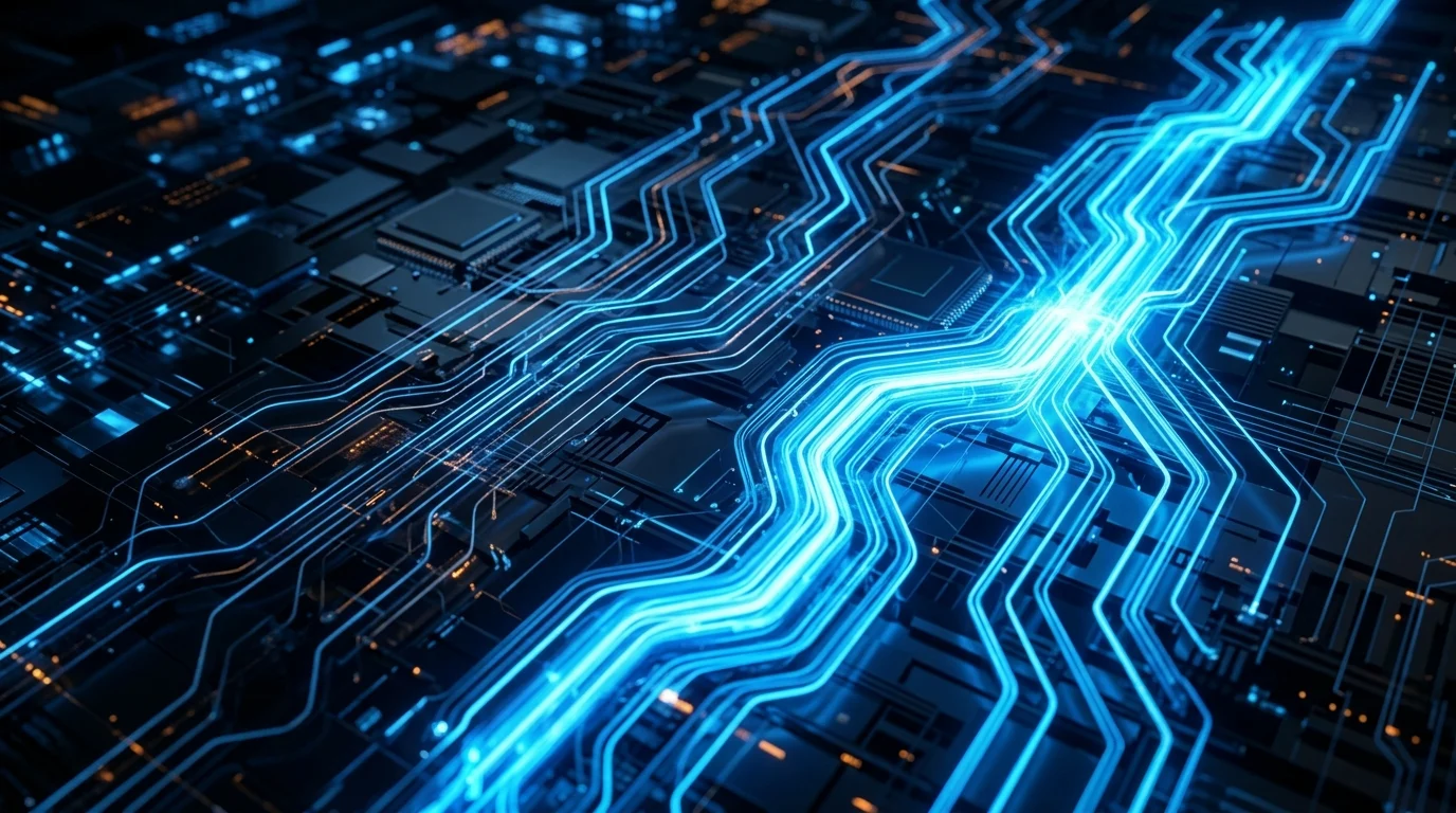 Abstract representation of semiconductor supply distribution and competing circuitry paths.