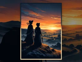 Conceptual illustration of two period-drama female figures in a field.