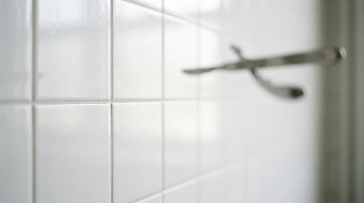 Minimalist white tiles with a blurred metallic object in a bright room.