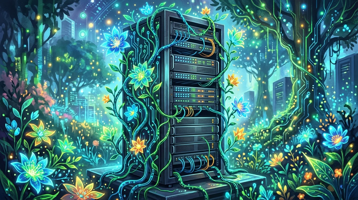 Conceptual art of server hardware mixed with botanical elements.