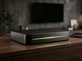 A sleek black streaming media player with a green light accent.