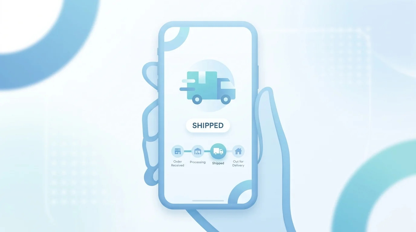 A digital graphic showing a package tracking status of 'Shipped'.