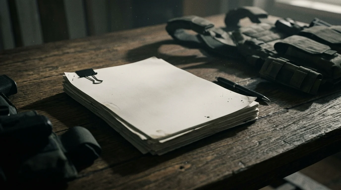 A stack of papers and tactical equipment representing a film script in development.