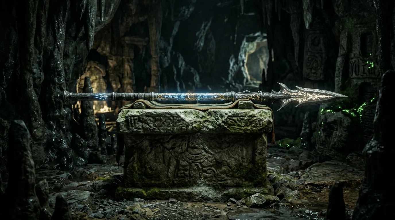 A glowing silver spear on a stone pedestal.