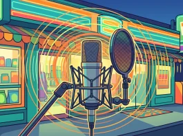 A conceptual illustration of a microphone in front of a convenience store setting.