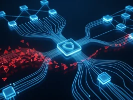 Conceptual digital artwork representing a network security breach on a server.