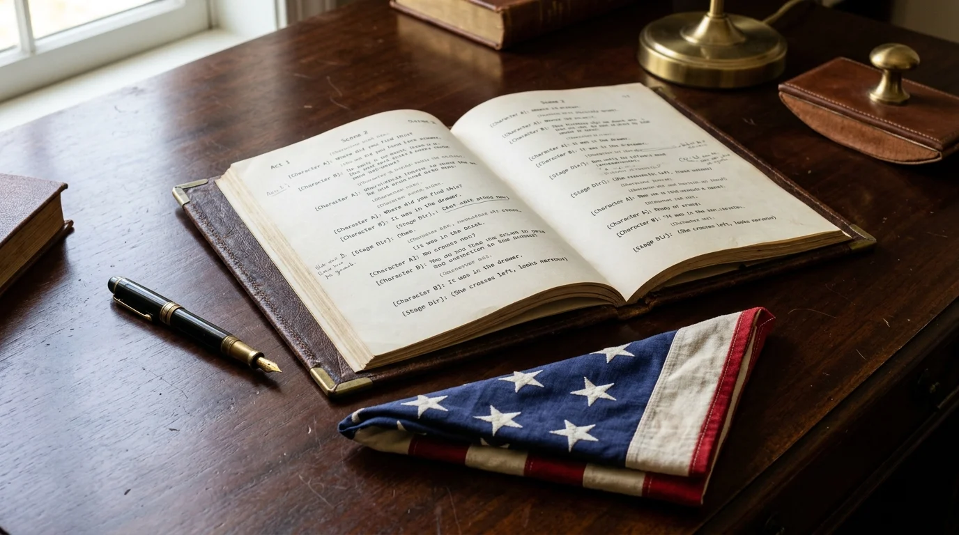 A script and a folded flag on a desk representing acting and military service.