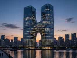 Conceptual architectural rendering of two modern buildings merging together.
