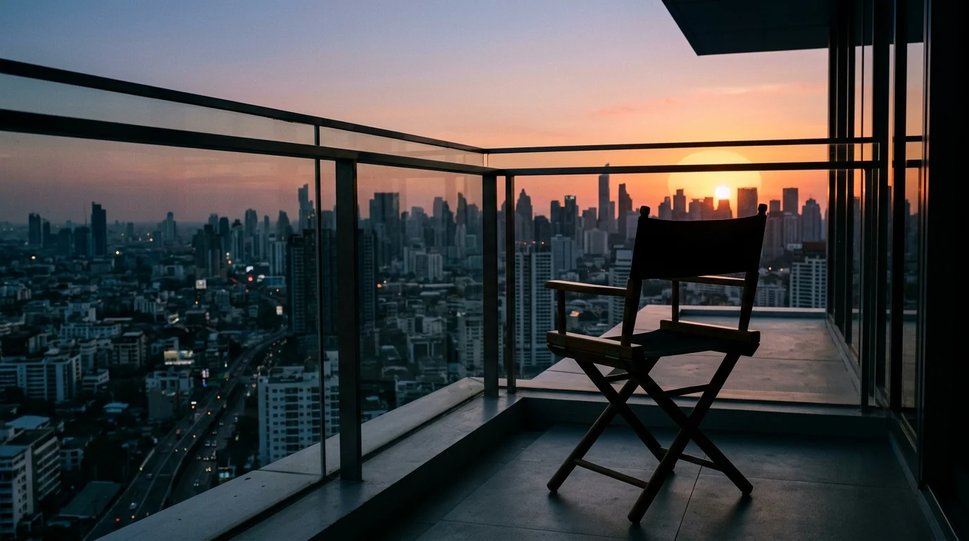 A silhouette of a director's chair on a high-rise balcony.