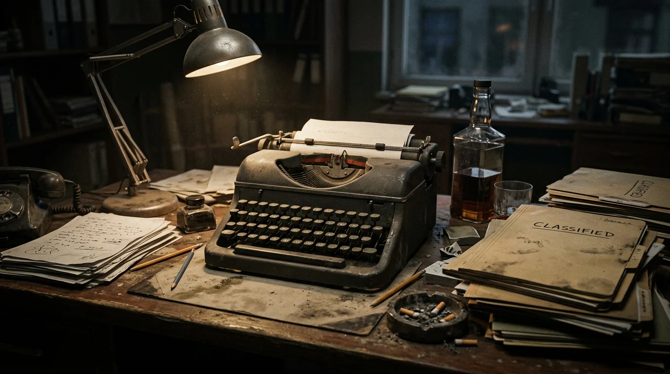 A cluttered office desk with classified folders and a vintage typewriter representing the Slough House aesthetic.