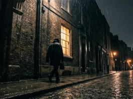 A moody silhouette of a figure walking down a dark, rainy London alleyway near an old brick building.