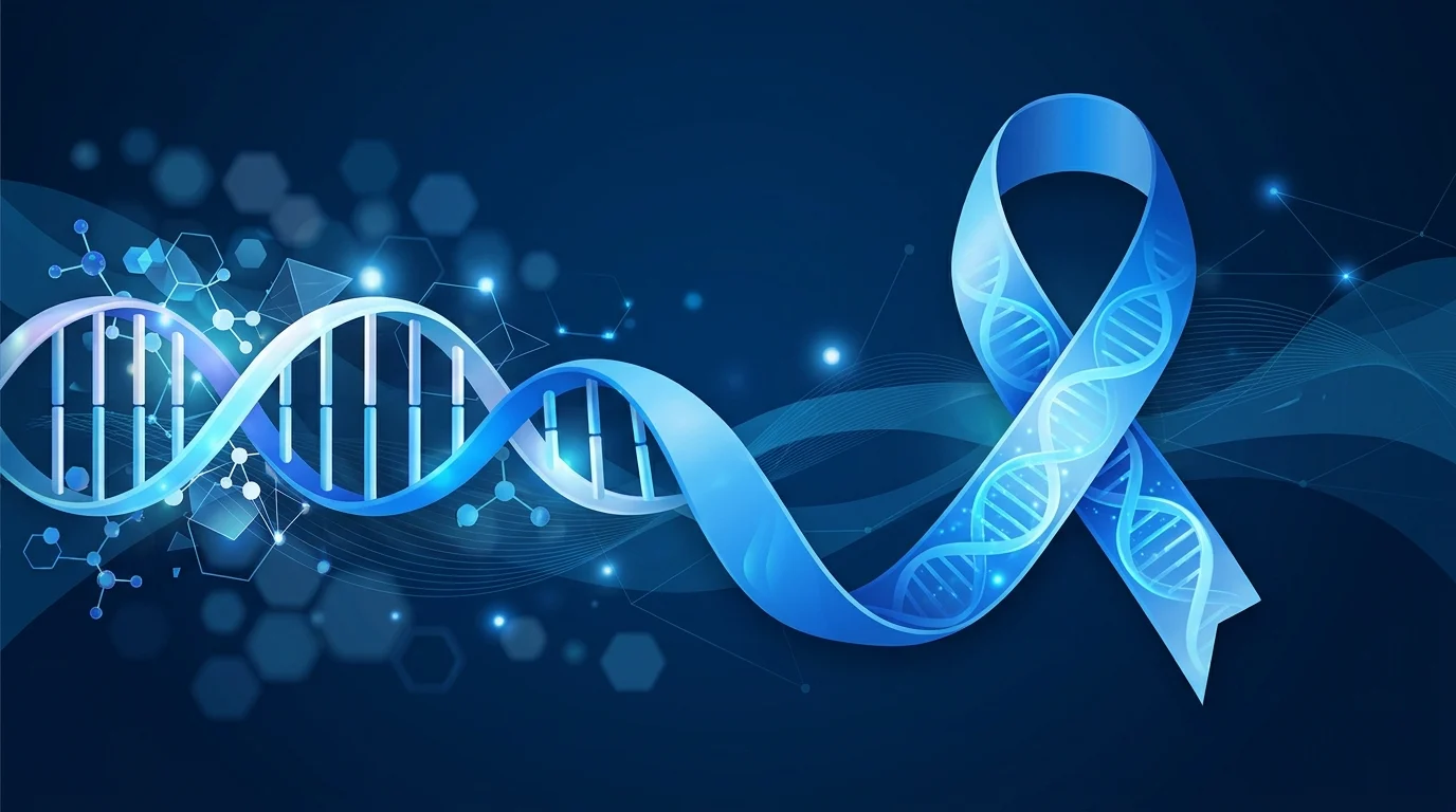Conceptual illustration of a DNA helix and medical awareness ribbon