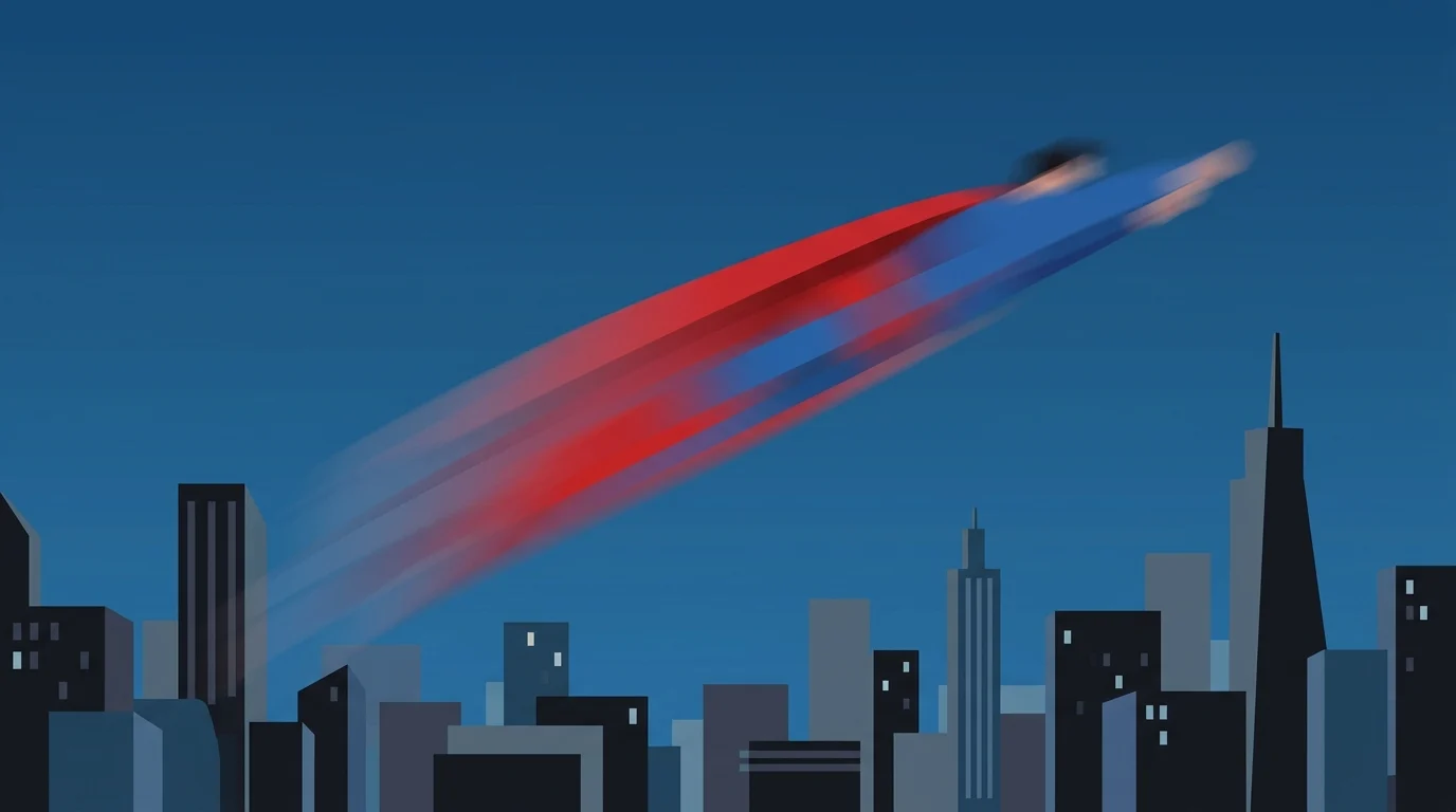 Abstract vector art of a heroic figure in flight over a city.