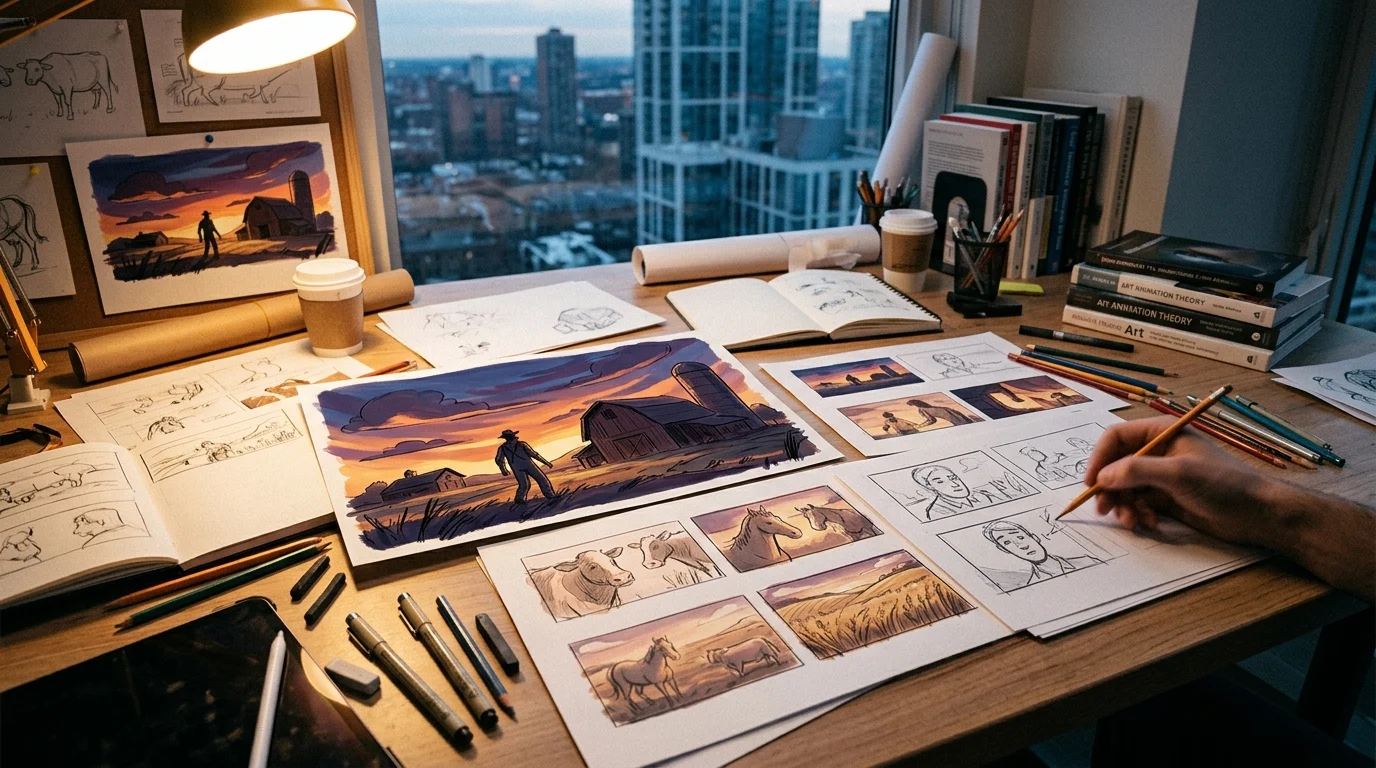 Animation storyboards showing a stylized farm landscape
