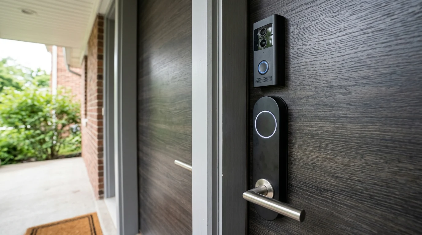 A modern smart lock and dual-camera doorbell installed on a front door.