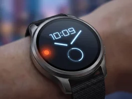 Conceptual illustration of a smartwatch screen with a notification indicator dot.