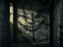 Conceptual psychological horror imagery with shadows forming a subtle grin.