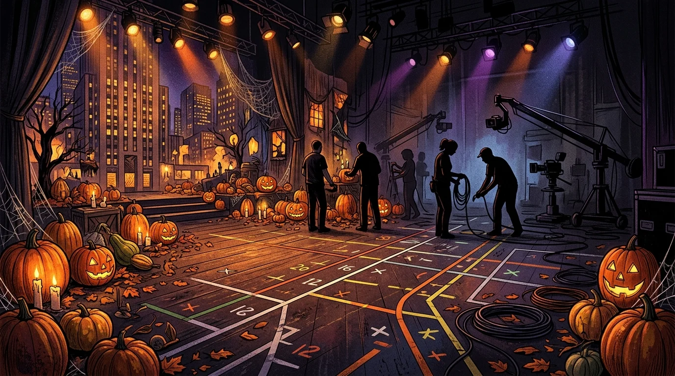 Stylized late-night television stage with Halloween decorations.