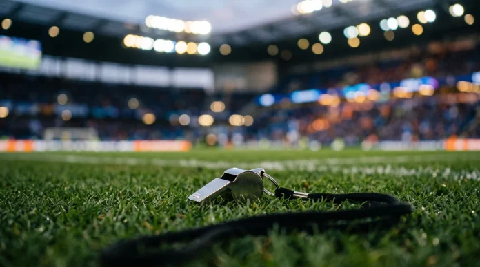 A whistle resting on a soccer pitch field representing a change in coaching leadership.