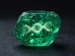 A glowing green Chaos Emerald containing a synthetic DNA sequence.