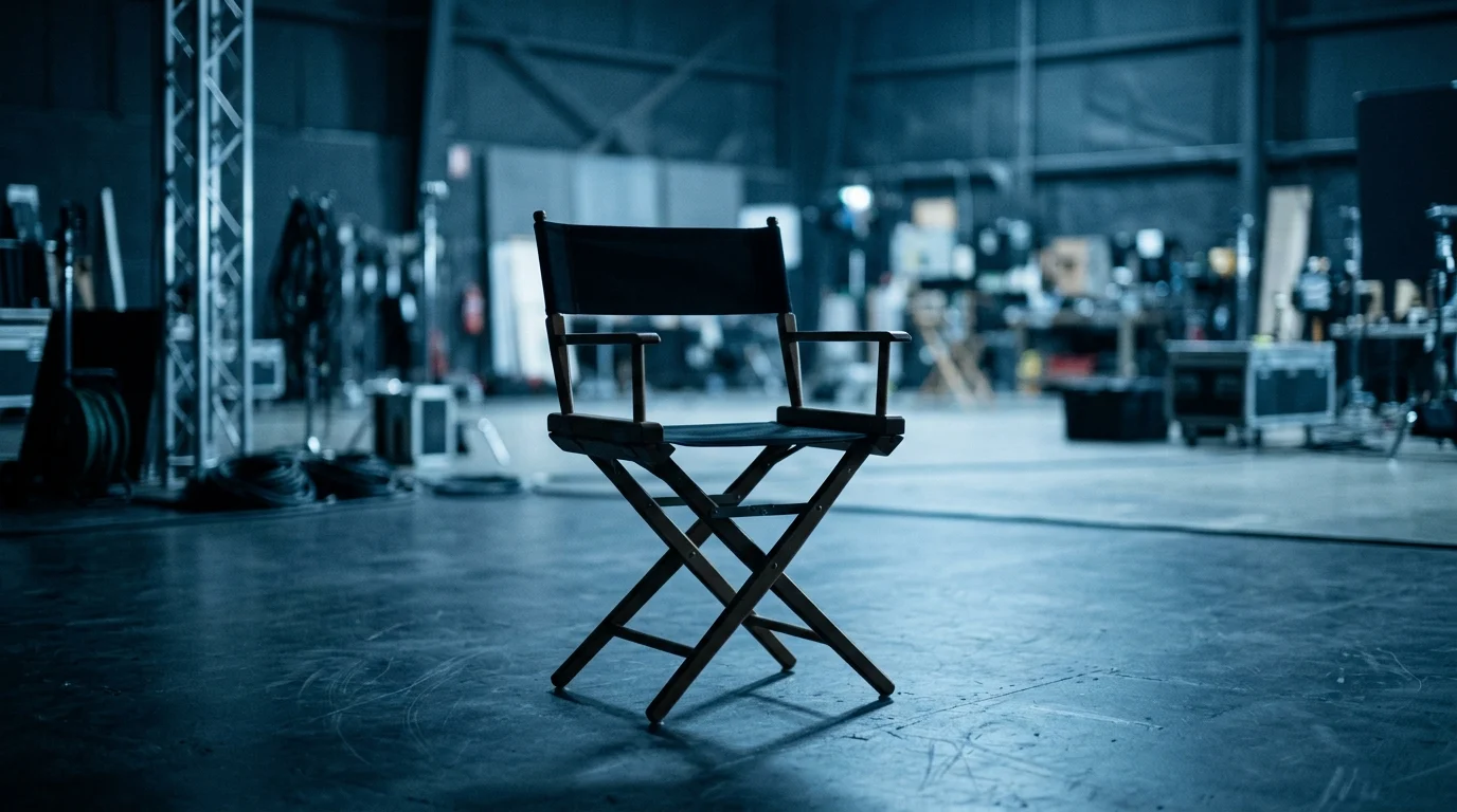 An empty film director's chair in a studio with cold lighting.