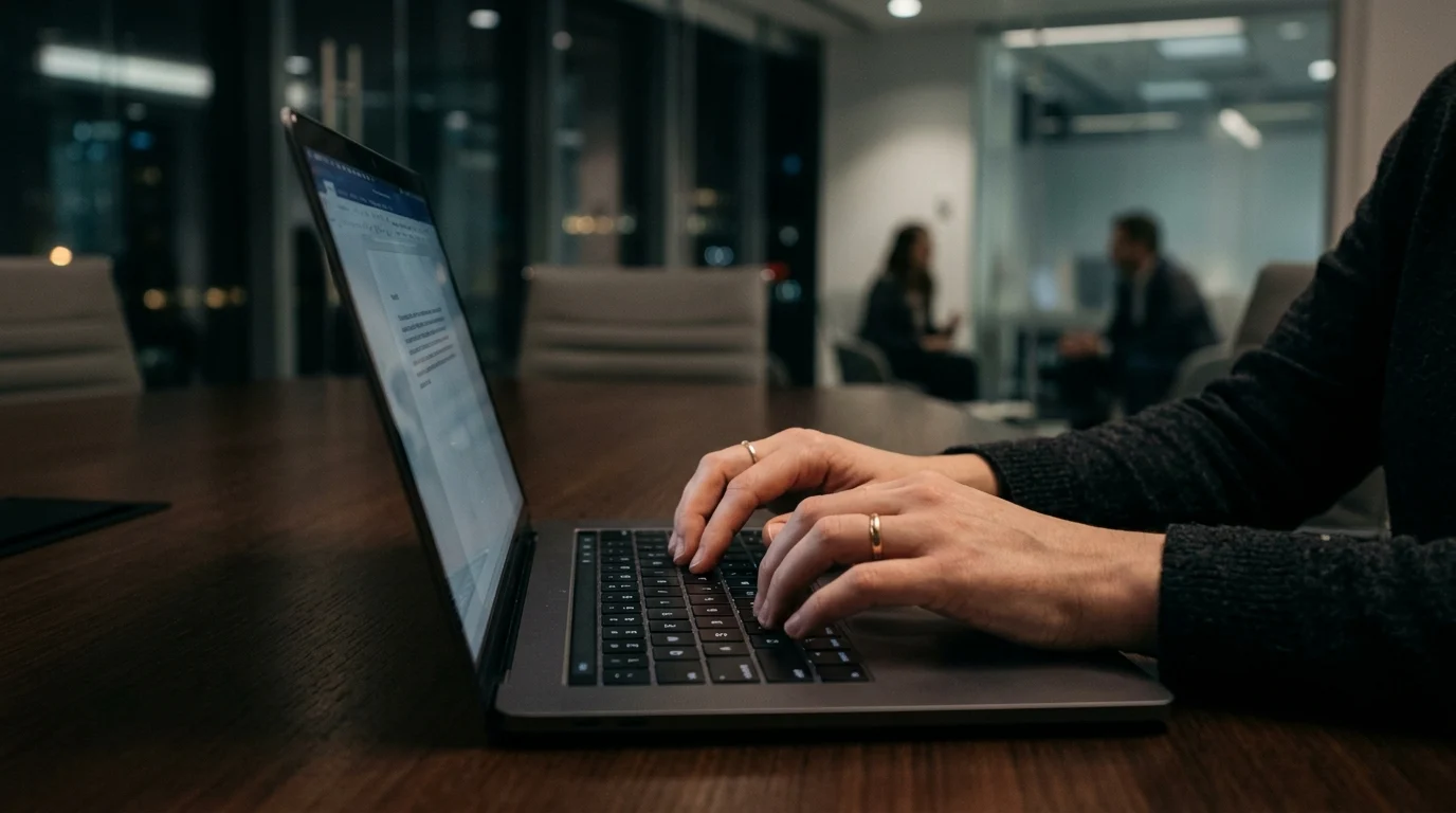 Close-up of hands typing on a laptop in a corporate boardroom.