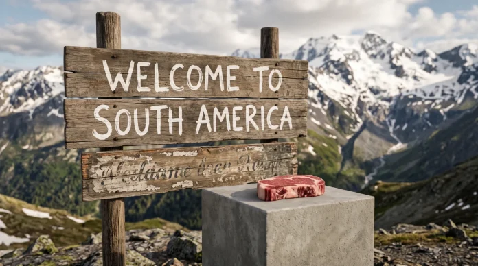 A conceptual wooden sign reading Welcome to South America in a snowy landscape.