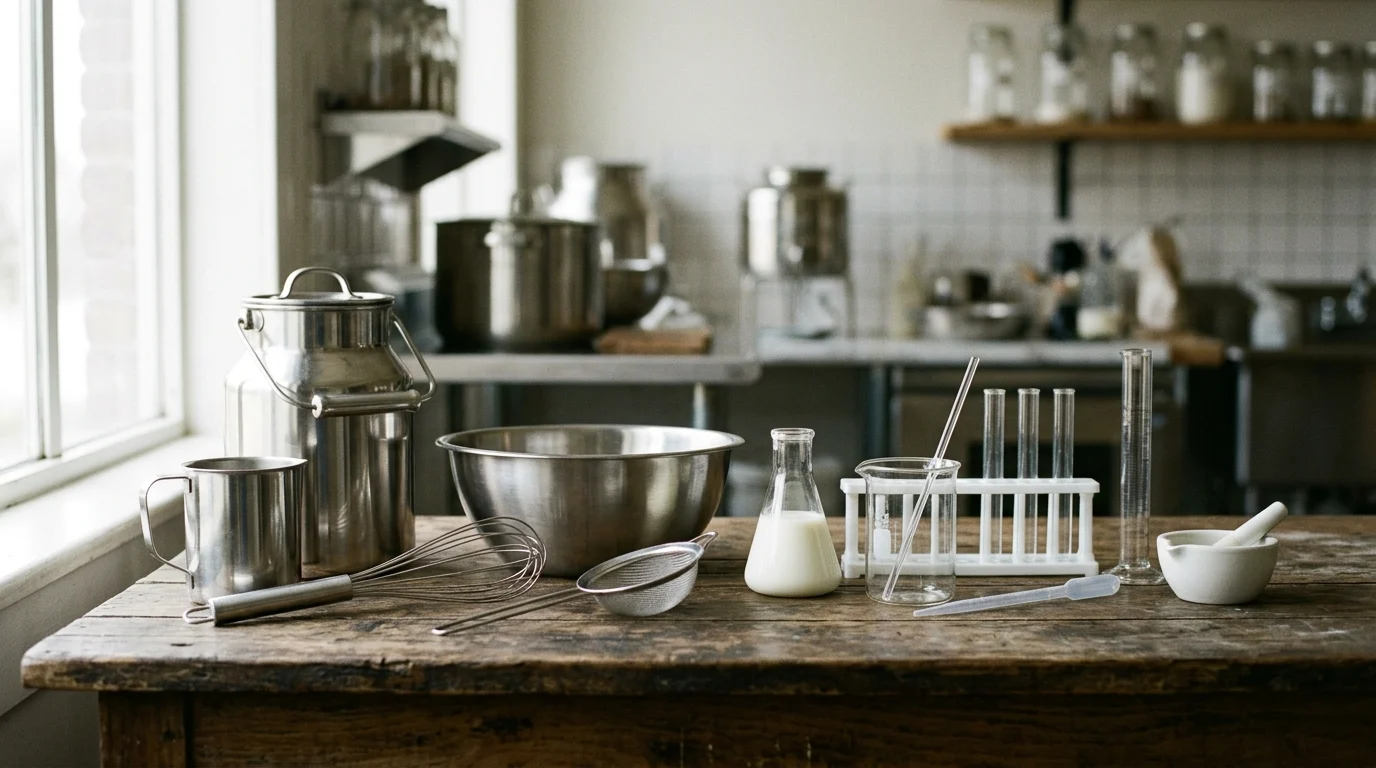 Stainless steel farm equipment and laboratory glassware on a table.