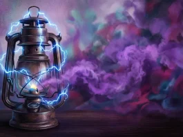 Sparks on a vintage lamp next to a hazy, smoky background representing supernatural powers.