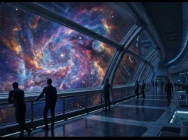 A futuristic observation deck looking out into a colorful nebula in space.