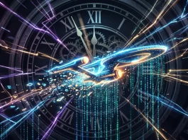 Conceptual art representing fractured timelines and sci-fi production chaos