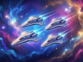 Conceptual illustration of starships flying in formation through space.